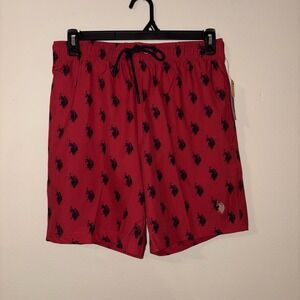 U.S. Polo Assn. Men's Red All-Over Logo Print Swim Shorts Size M